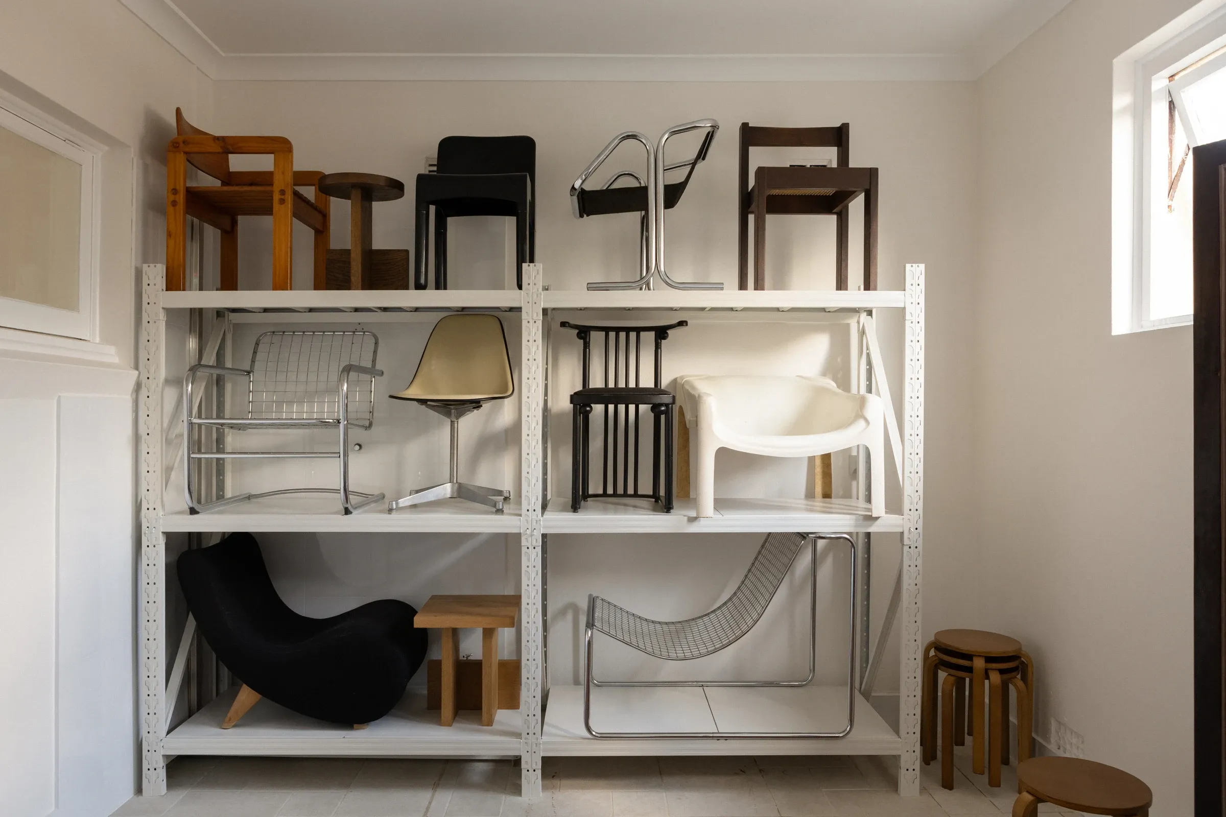 A collection of sculptural chairs and objects